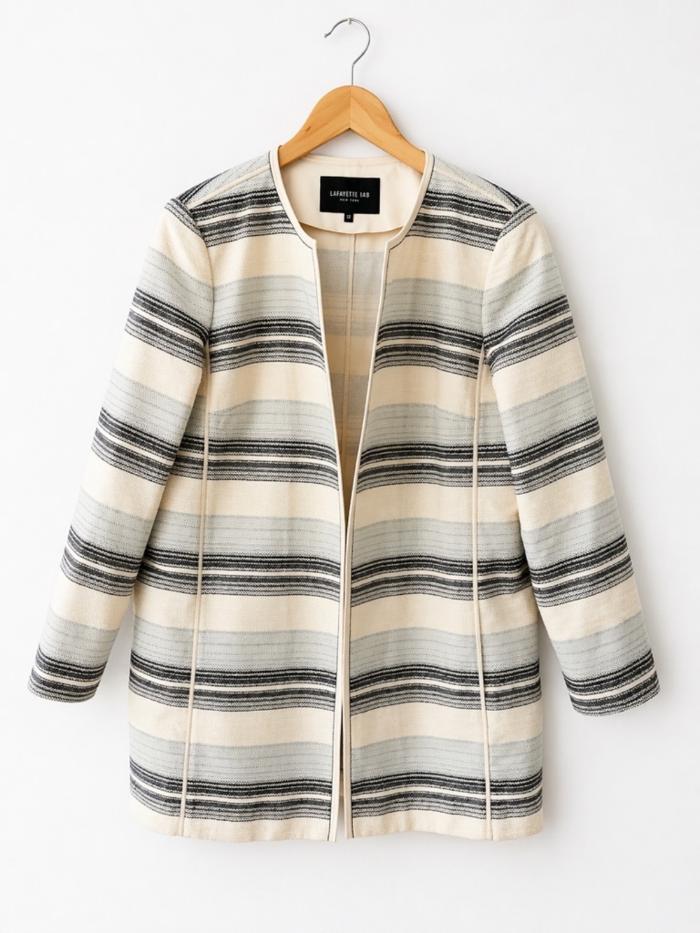 Lafayette 148 New York Striped Open Front Jacket Size 12 Silk Neutral Blazer